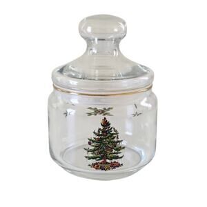 Vintage Spode Christmas Tree Glass Jar with Lid 5" Tall France